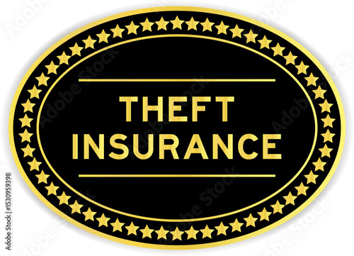 Black and gold color oval label sticker with word theft insurance on white background