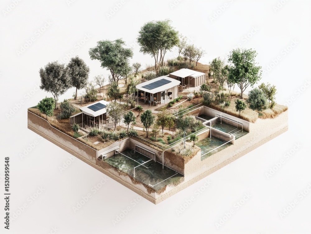 Obraz premium A technical diagram of the village's drought-resistant infrastructure, showing underground reservoirs, protective structures, and solar-powered pumps in the context of a modern lifestyle.