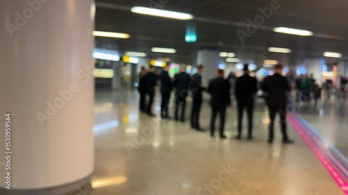 A group of men dressed in black business formal suits wait for guests in the airport arrivals area. Out of focus.