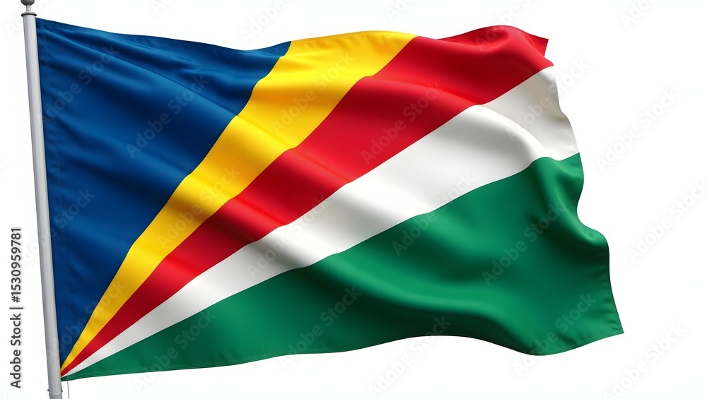 Obraz premium Photorealistic flag of Seychelles. Diagonal bands in blue, yellow, red, white, and green radiate from the bottom left. Realistic folds and texture. Isolated on white background.