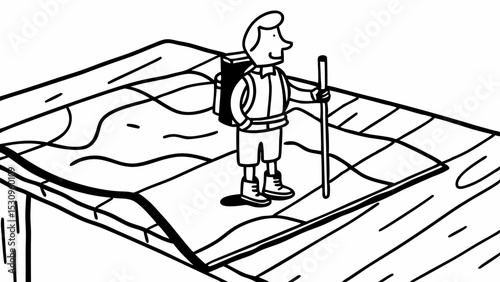Vintage Black and White miniature hiker stands on map, appearing ready for adventure and exploration