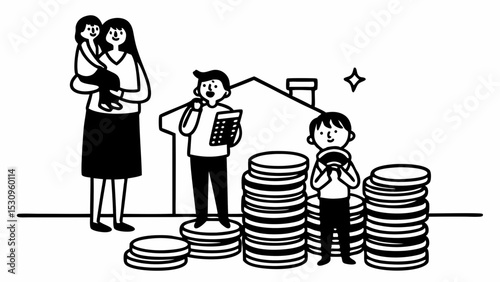 Symbolizing financial growth and unity, Vintage Black and White family stands together with coins,