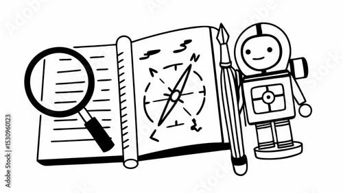Vintage Black and White Notebook with compass and magnifying glass, inspiring curiosity and exploration