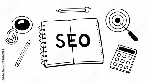 Vintage Black and White Open notebook with SEO letters surrounded by tools and stationery, conveying creativity