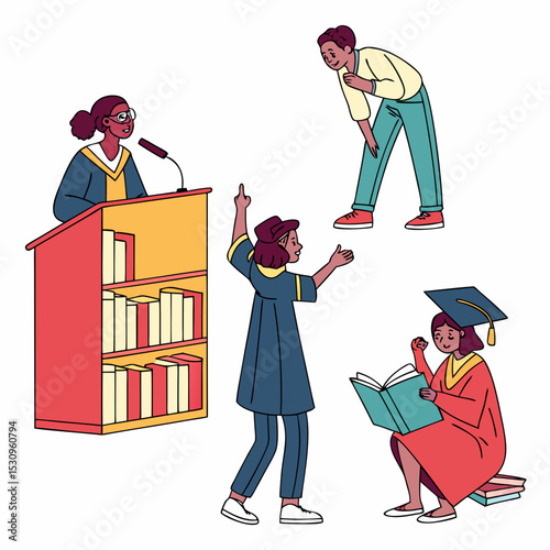 University students life set. Happy boys and girls listening to lecture, preparing for exam in library and graduating. Education and study. Flat vector illustration collection isolated on .