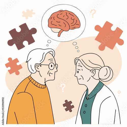 Alzheimer illness disease patients concept. Set of elderly confused man and woman with memory loss and puzzles flying around. Brain disease in pensioners. Cartoon contemporary flat vector .