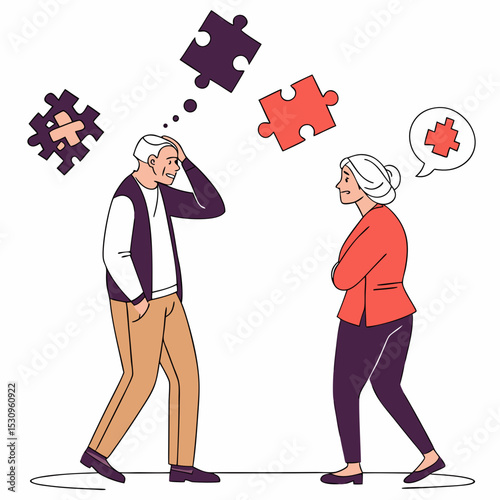 Alzheimer illness disease patients concept. Set of elderly confused man and woman with memory loss and puzzles flying around. Brain disease in pensioners. Cartoon contemporary flat vector .