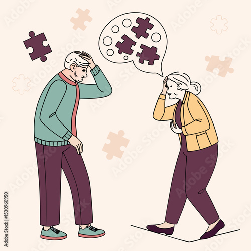 Alzheimer illness disease patients concept. Set of elderly confused man and woman with memory loss and puzzles flying around. Brain disease in pensioners. Cartoon contemporary flat vector .