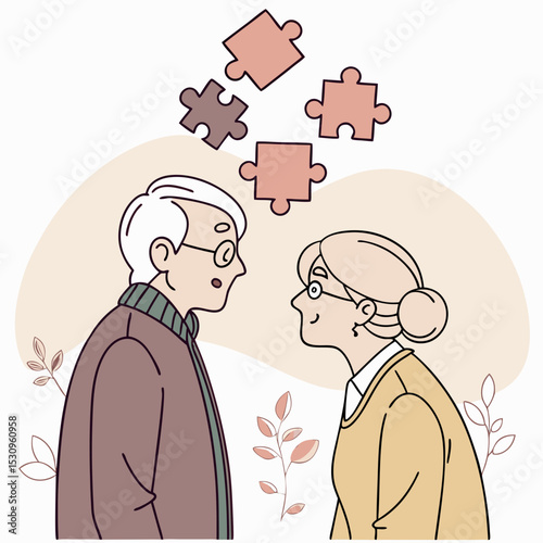 Alzheimer illness disease patients concept. Set of elderly confused man and woman with memory loss and puzzles flying around. Brain disease in pensioners. Cartoon contemporary flat vector .