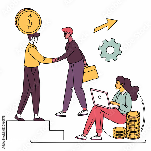 Coworking space set. Partners shaking hands. Collaboration and cooperation. Coworkers and freelancers. Man with golden coins. Cartoon flat vector collection isolated on white .