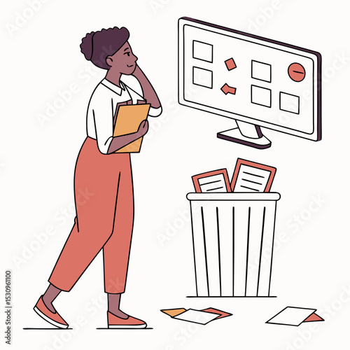 Woman examining a computer screen with deleted file folders. Trash with discarded documents in the foreground. Flat style, white background. Data loss .