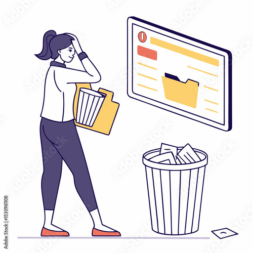 Woman examining a computer screen with deleted file folders. Trash with discarded documents in the foreground. Flat style, white background. Data loss .
