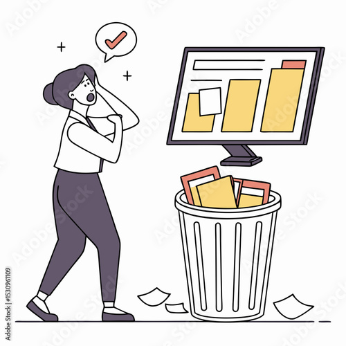Woman examining a computer screen with deleted file folders. Trash with discarded documents in the foreground. Flat style, white background. Data loss .