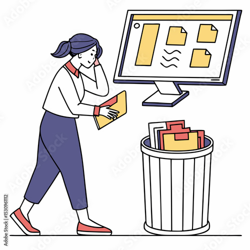 Woman examining a computer screen with deleted file folders. Trash with discarded documents in the foreground. Flat style, white background. Data loss .