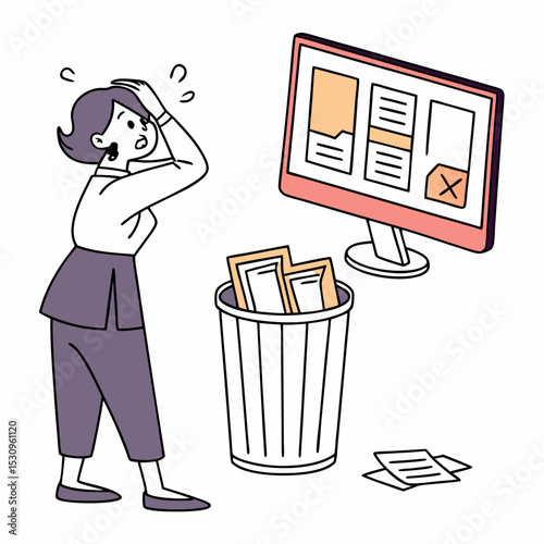 Woman examining a computer screen with deleted file folders. Trash with discarded documents in the foreground. Flat style, white background. Data loss .
