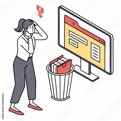 Woman examining a computer screen with deleted file folders. Trash with discarded documents in the foreground. Flat style, white background. Data loss .