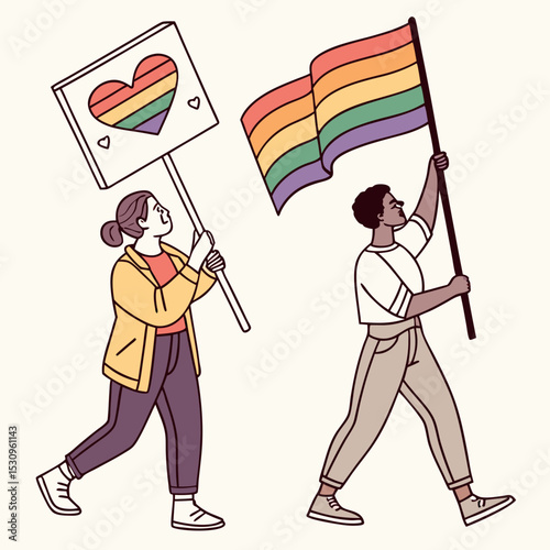 LGBTQ support concept. Men and woman with rainbow flags and placards. Gay and lesbian community. Tolerance, equality and unity. People at political strike. Flat vector .
