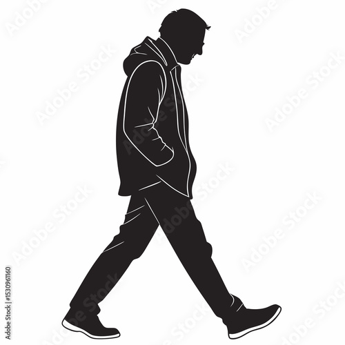 Silhouette of a man walking with one hand in pocket, black figure on white background, concept of anonymity, mystery and identity. Vector illustration