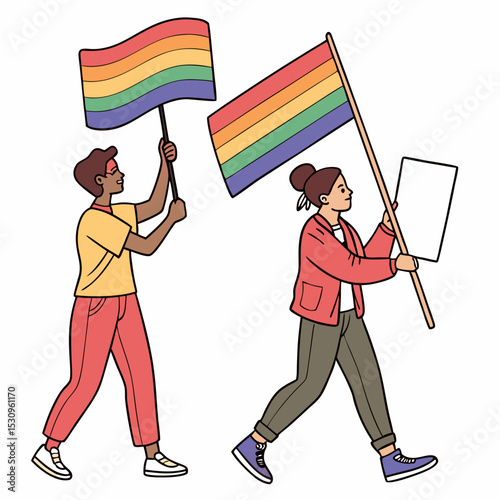 LGBTQ support concept. Men and woman with rainbow flags and placards. Gay and lesbian community. Tolerance, equality and unity. People at political strike. Flat vector .