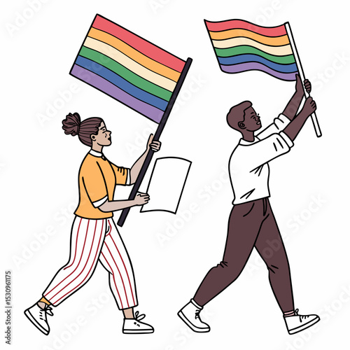 LGBTQ support concept. Men and woman with rainbow flags and placards. Gay and lesbian community. Tolerance, equality and unity. People at political strike. Flat vector .