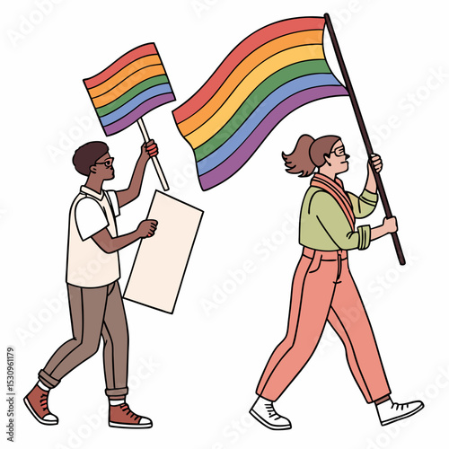 LGBTQ support concept. Men and woman with rainbow flags and placards. Gay and lesbian community. Tolerance, equality and unity. People at political strike. Flat vector .