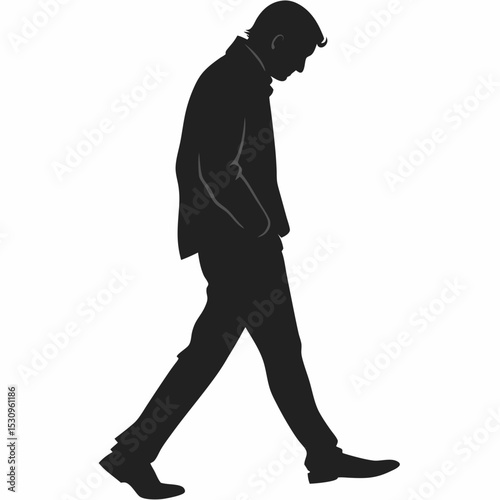 Silhouette of a man walking with one hand in pocket, black figure on white background, concept of anonymity, mystery and identity. Vector illustration
