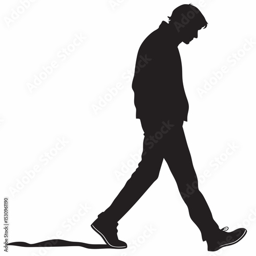 Silhouette of a man walking with one hand in pocket, black figure on white background, concept of anonymity, mystery and identity. Vector illustration