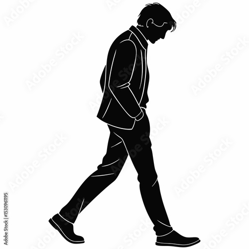 Silhouette of a man walking with one hand in pocket, black figure on white background, concept of anonymity, mystery and identity. Vector illustration