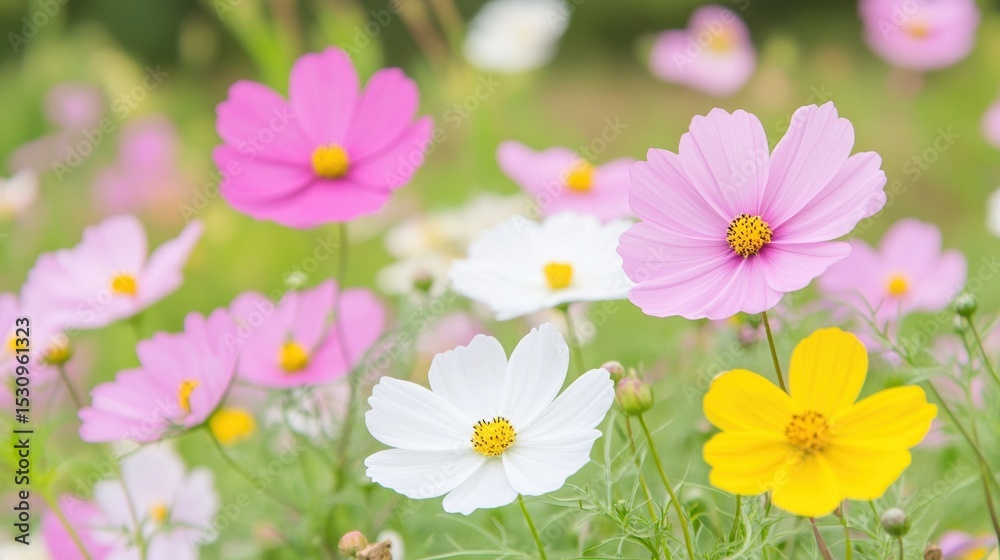 Fototapeta premium Vibrant cosmos flowers in full bloom in a spring garden