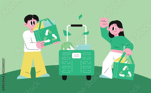 People Recycling with Green Cart 
Zero Waste Campaign Reusable Shopping Cart
