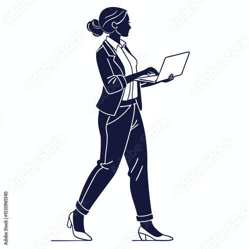 Silhouette of a woman in business attire holding a laptop, minimal graphic style on a white background. Concept of technology, professionalism, and business. Vector .