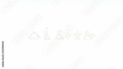 Minimalist line icon set in light grey depicting lab tools and science elements such as beakers, microscope, test tubes, lab mice, stomach, and molecule structures on a white background.