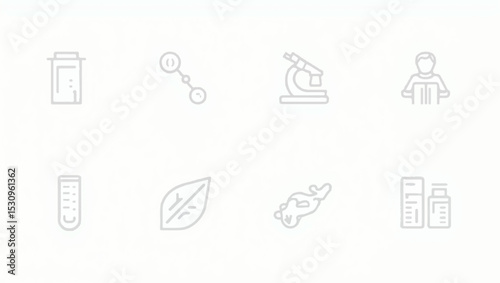 Minimalist line icon set in light grey depicting lab tools and science elements such as beakers, microscope, test tubes, lab mice, stomach, and molecule structures on a white background.