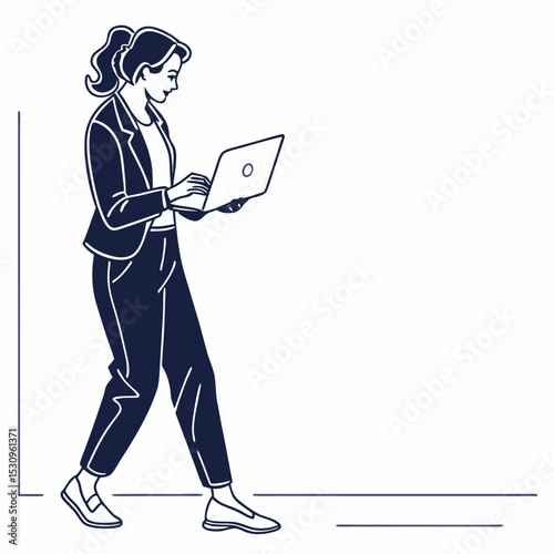 Silhouette of a woman in business attire holding a laptop, minimal graphic style on a white background. Concept of technology, professionalism, and business. Vector .