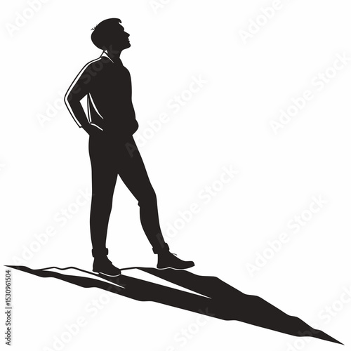 Silhouette of a standing man with one hand on hip and the other relaxed by side, black vector style on white background. Concept of confidence and posture. Vector .