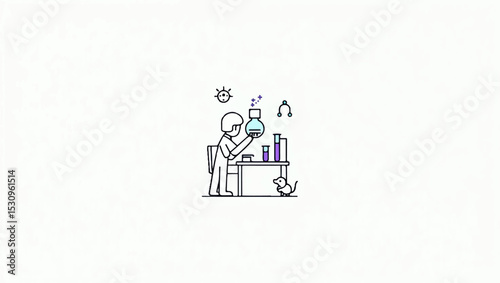 Line icon set featuring various laboratory equipment and science tools including a microscope, beakers, a scientist, test tubes, molecules, and a lab mouse on a white background.