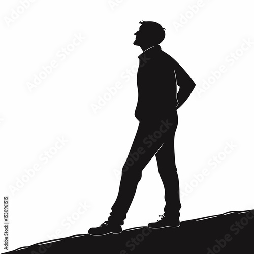 Silhouette of a standing man with one hand on hip and the other relaxed by side, black vector style on white background. Concept of confidence and posture. Vector .
