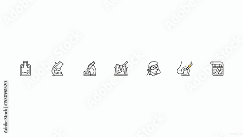 Line icon set featuring various laboratory equipment and science tools including a microscope, beakers, a scientist, test tubes, molecules, and a lab mouse on a white background.