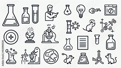 Line icon set featuring various laboratory equipment and science tools including a microscope, beakers, a scientist, test tubes, molecules, and a lab mouse on a white background.