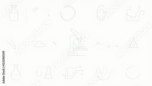 Minimalist line icon set in light grey depicting lab tools and science elements such as beakers, microscope, test tubes, lab mice, stomach, and molecule structures on a white background.