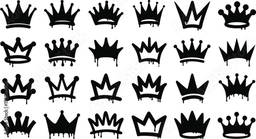 Graffiti Crown Icons Set, Hand drawn black spray paint ink crown, Crown drip symbol. isolated on white background. vector illustration
