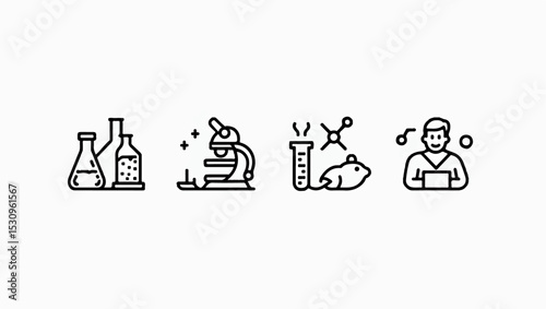 Line icon set featuring various laboratory equipment and science tools including a microscope, beakers, a scientist, test tubes, molecules, and a lab mouse on a white background.