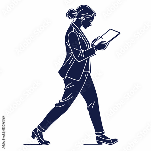 Silhouette of a woman standing with crossed legs and holding a tablet in one hand, flat graphic style, isolated on white background. Concept of businesswoman. Vector .