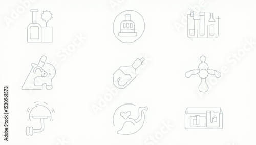 Minimalist line icon set in light grey depicting lab tools and science elements such as beakers, microscope, test tubes, lab mice, stomach, and molecule structures on a white background.