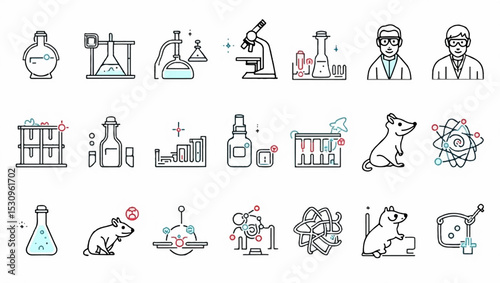 Line icon set featuring various laboratory equipment and science tools including a microscope, beakers, a scientist, test tubes, molecules, and a lab mouse on a white background.
