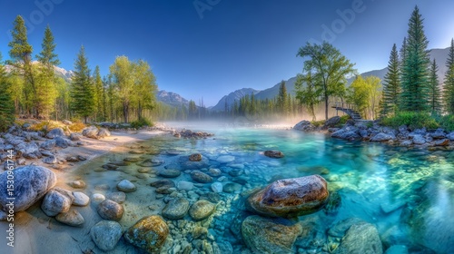 The stillness of a misty dawn over a lake is reflected in a serene forest within the tranquil Canadian wilderness, a haven for nature tourism