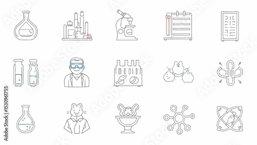 Minimalist line icon set in light grey depicting lab tools and science elements such as beakers, microscope, test tubes, lab mice, stomach, and molecule structures on a white background.