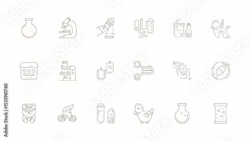 Minimalist line icon set in light grey depicting lab tools and science elements such as beakers, microscope, test tubes, lab mice, stomach, and molecule structures on a white background.