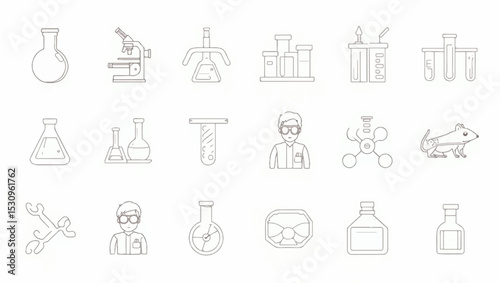 Minimalist line icon set in light grey depicting lab tools and science elements such as beakers, microscope, test tubes, lab mice, stomach, and molecule structures on a white background.