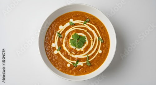 Traditional Dal Makhani with Cream Swirl in a white bowl top down view